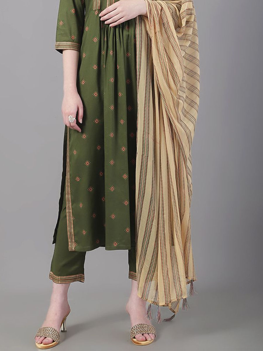 Olive Green Rayon Embroidered Festival Casual Ready Pant Salwar Kameez