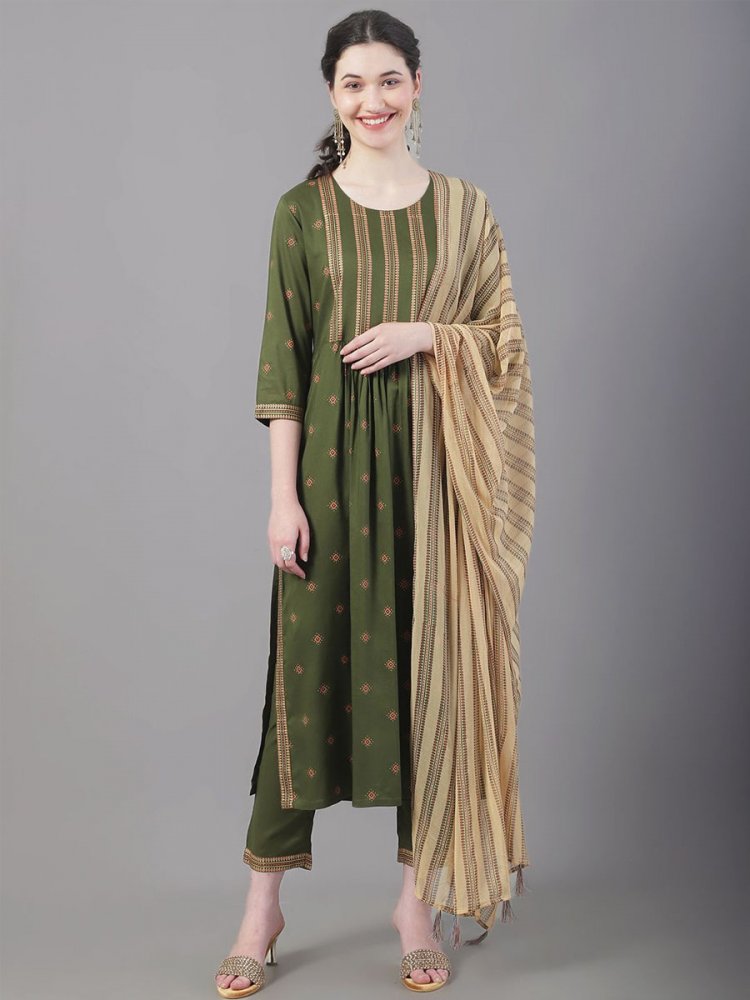 Olive Green Rayon Embroidered Festival Casual Ready Pant Salwar Kameez