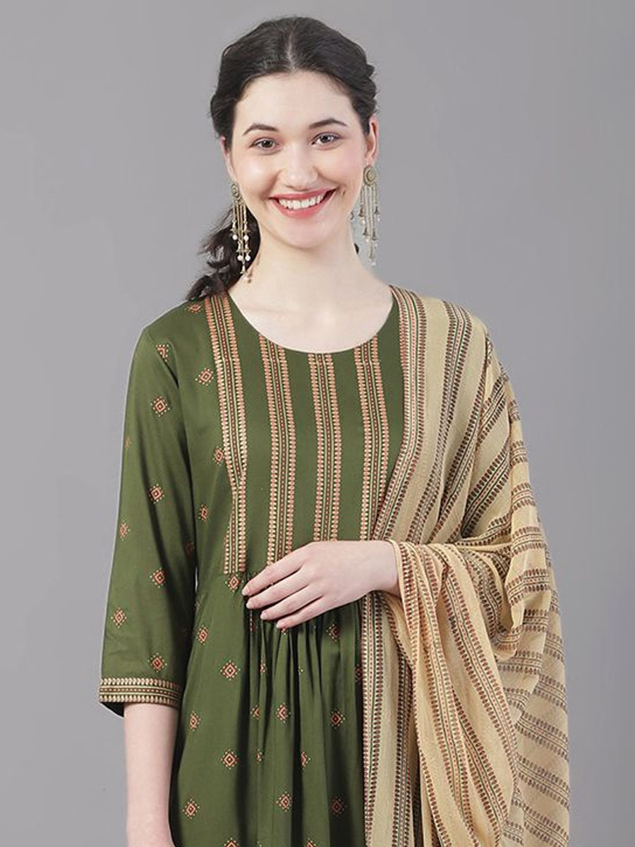 Olive Green Rayon Embroidered Festival Casual Ready Pant Salwar Kameez