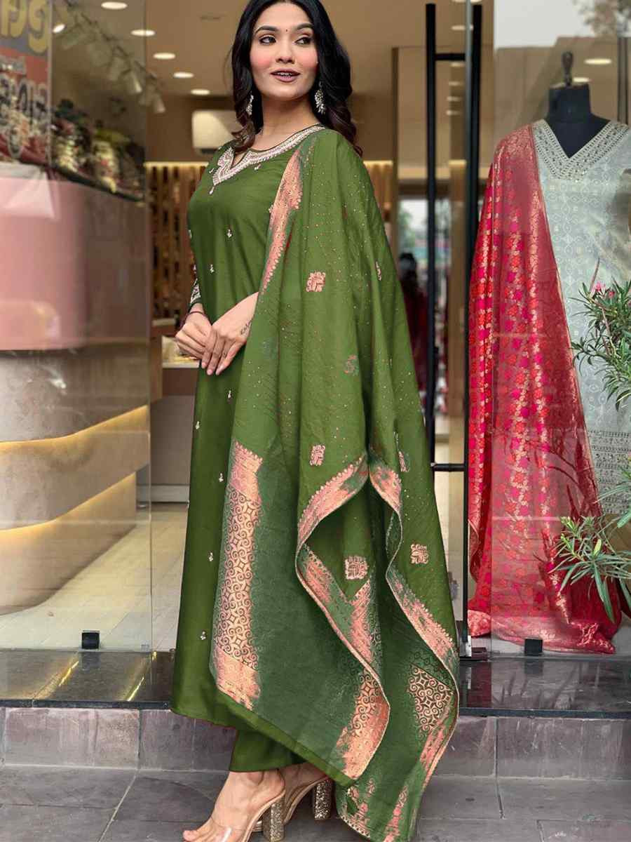 Olive Green Roman Silk Embroidered Festival Casual Ready Pant Salwar Kameez