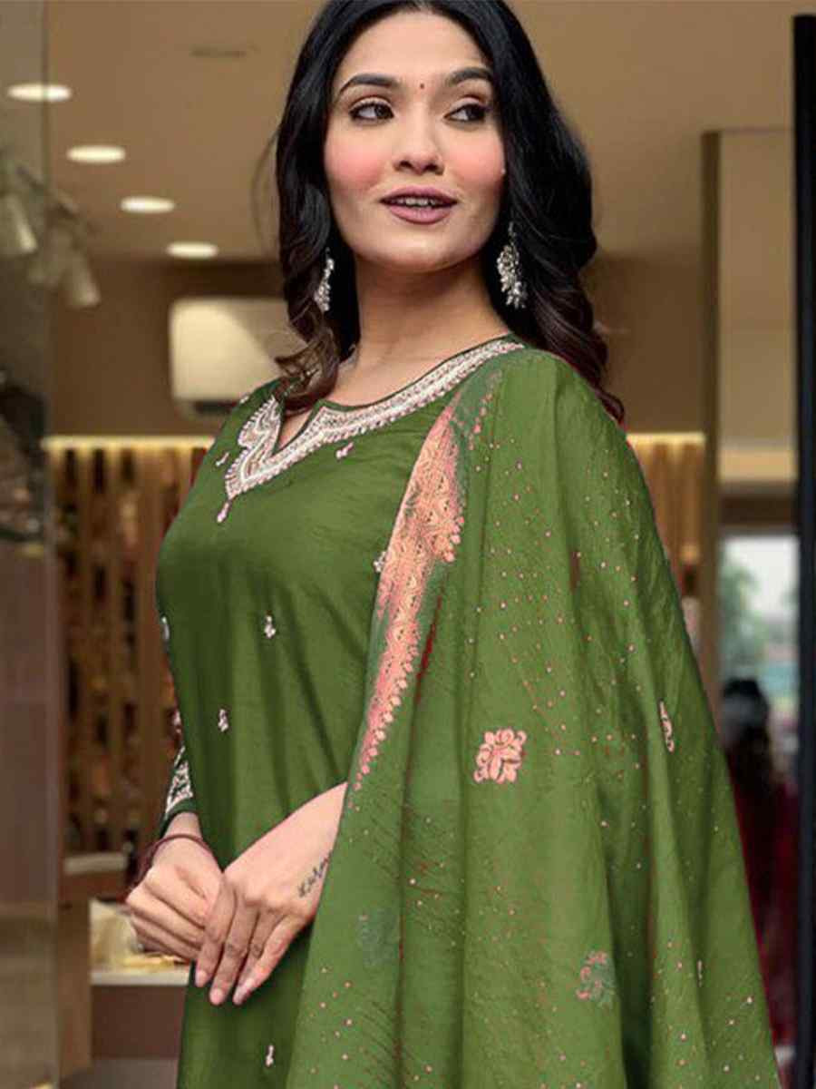 Olive Green Roman Silk Embroidered Festival Casual Ready Pant Salwar Kameez
