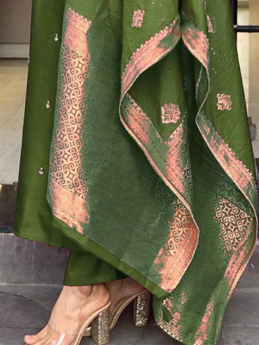 Olive Green Roman Silk Embroidered Festival Casual Ready Pant Salwar Kameez