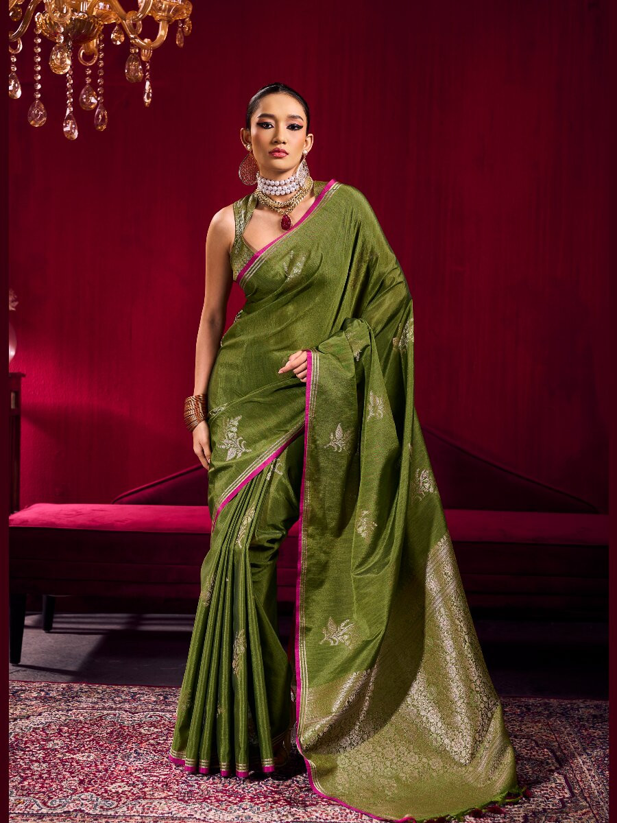 Olive Green Satin Linen Silk Handwoven Weaving Wedding Reception Party Festival Heavy Border Sarees