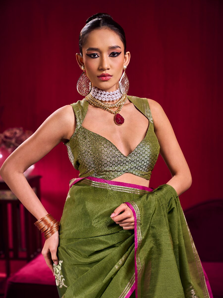 Olive Green Satin Linen Silk Handwoven Weaving Wedding Reception Party Festival Heavy Border Sarees