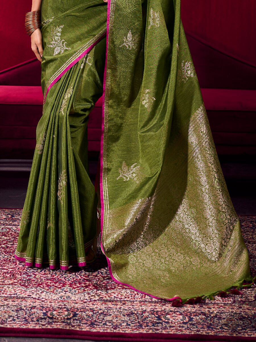 Olive Green Satin Linen Silk Handwoven Weaving Wedding Reception Party Festival Heavy Border Sarees