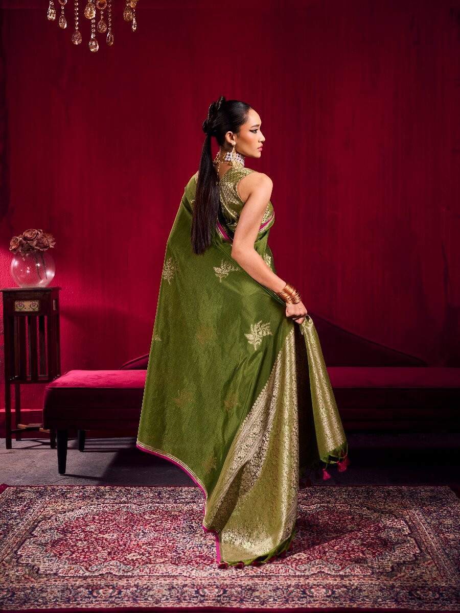 Olive Green Satin Linen Silk Handwoven Weaving Wedding Reception Party Festival Heavy Border Sarees