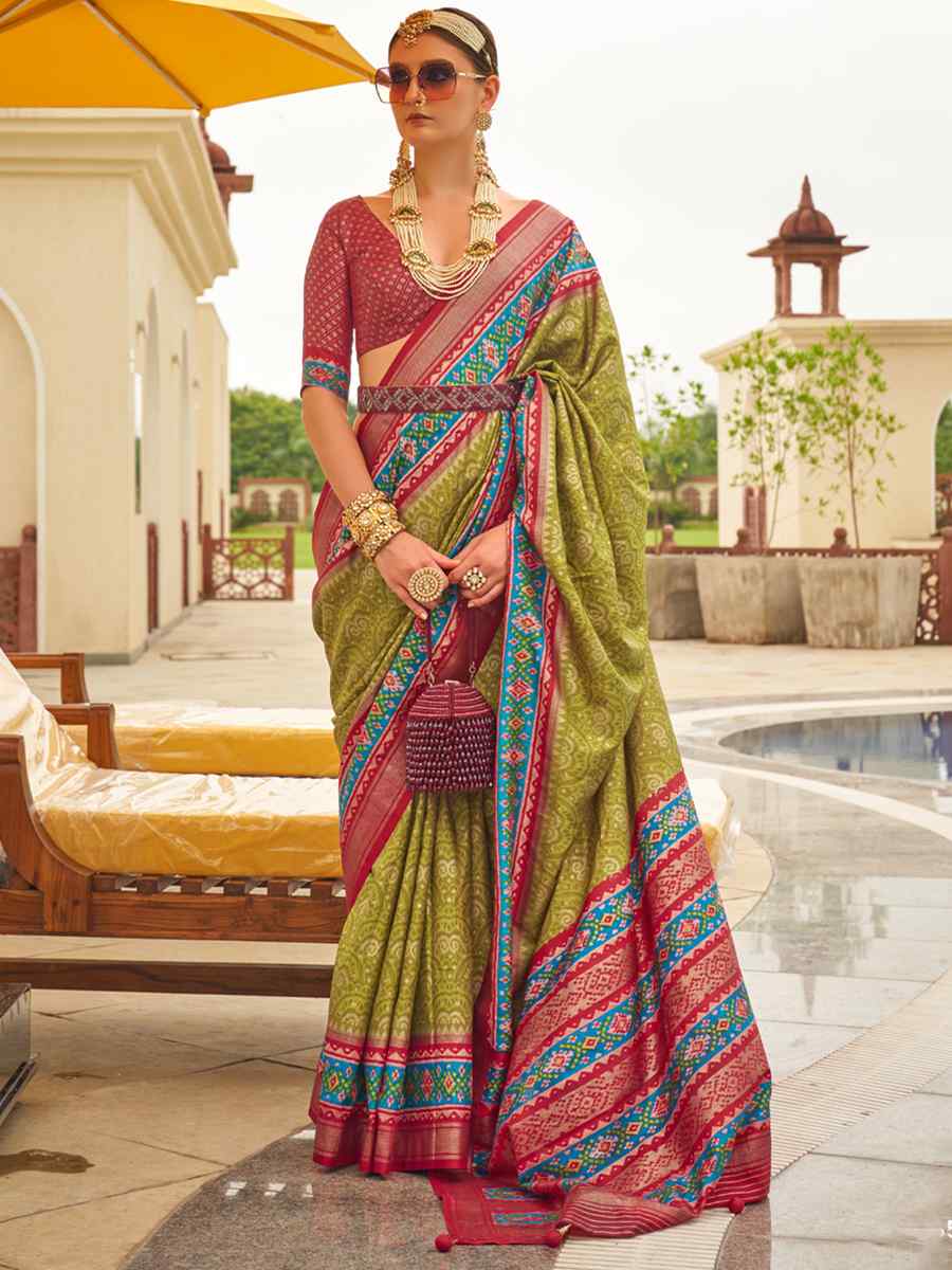 Olive Green Sigma Silk Handwoven Wedding Festival Heavy Border Saree