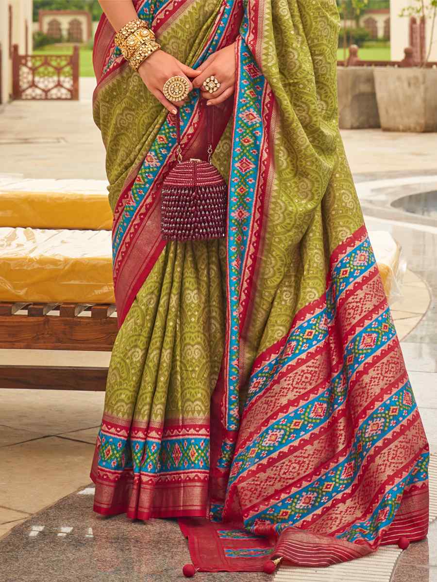 Olive Green Sigma Silk Handwoven Wedding Festival Heavy Border Saree