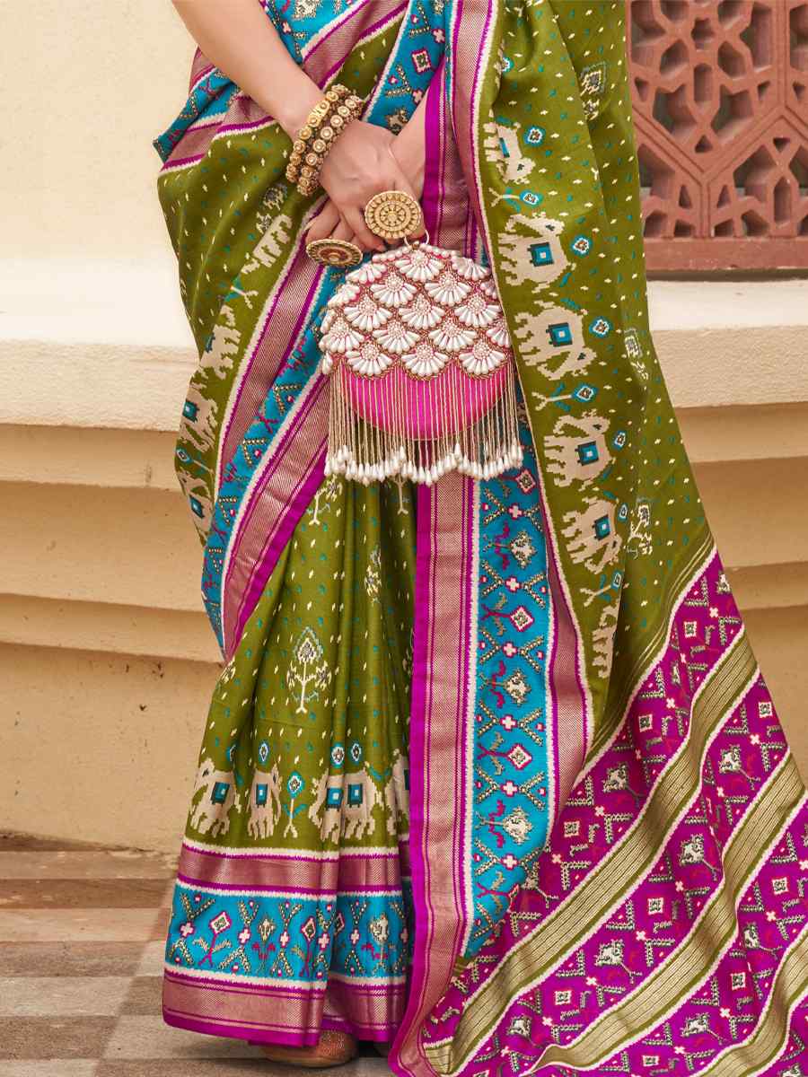 Olive Green Sigma Silk Handwoven Wedding Festival Heavy Border Saree