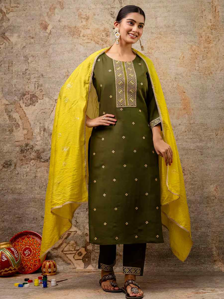 Olive Green Silk Blend Embroidered Mehendi Wedding Ready Pant Salwar Kameez