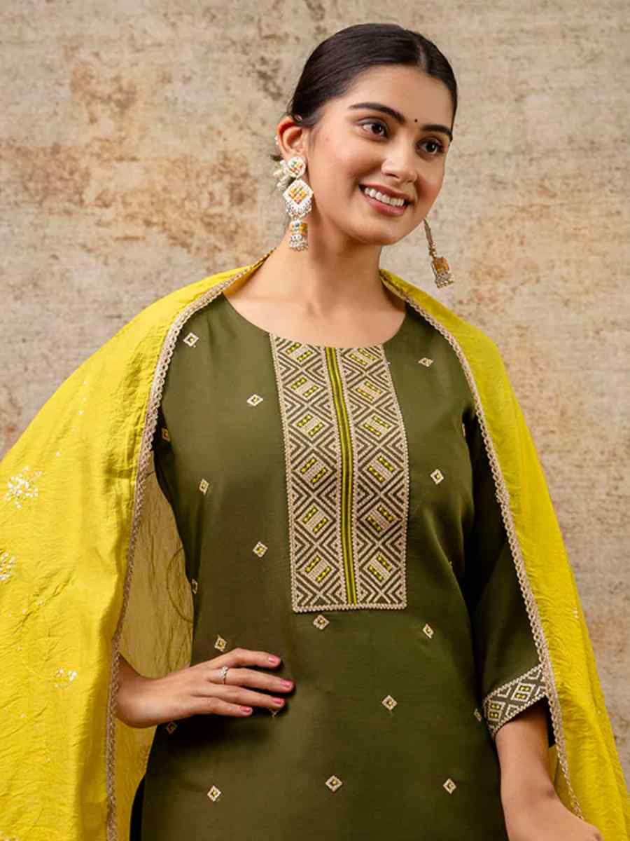 Olive Green Silk Blend Embroidered Mehendi Wedding Ready Pant Salwar Kameez