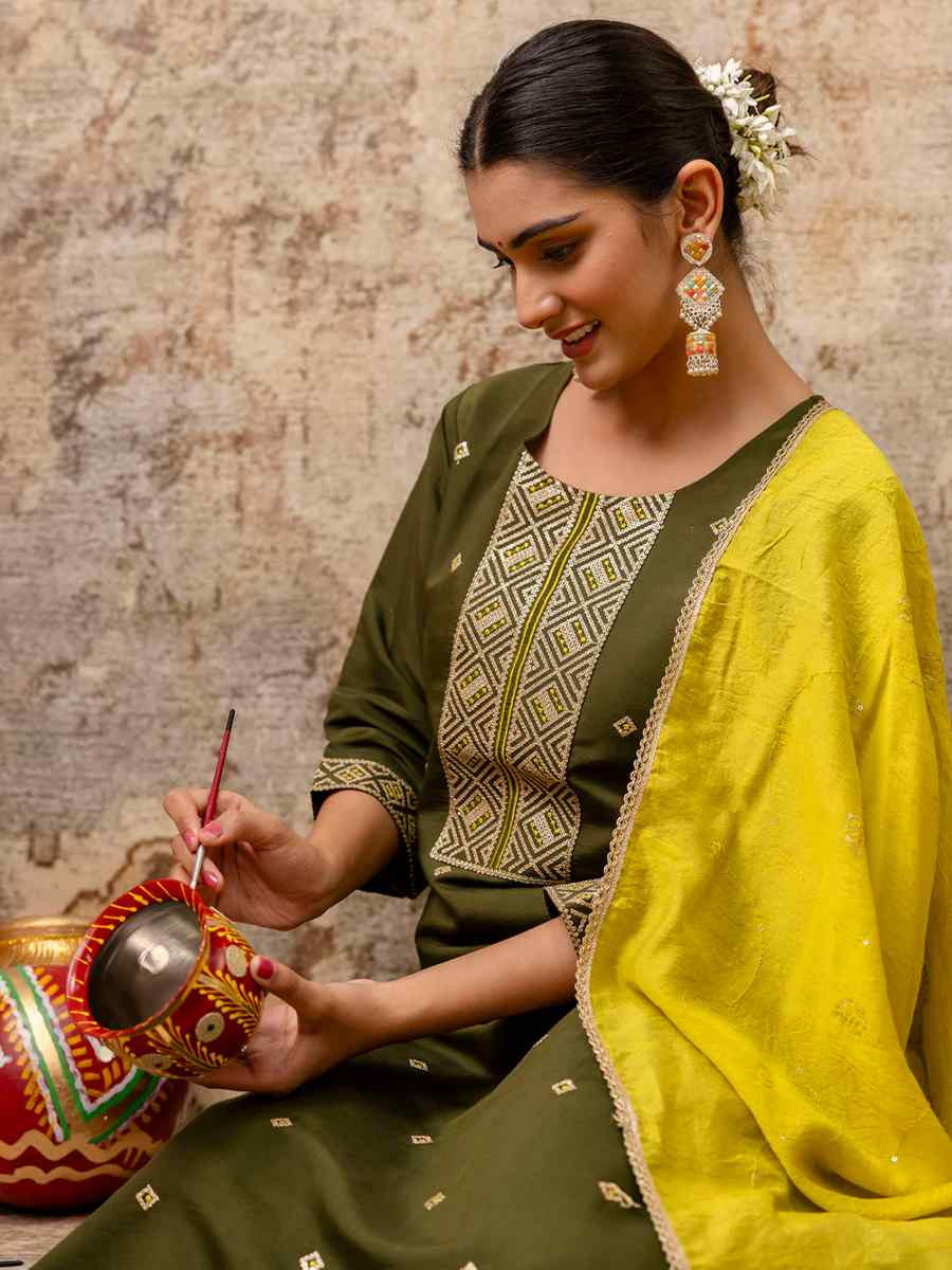 Olive Green Silk Blend Embroidered Mehendi Wedding Ready Pant Salwar Kameez