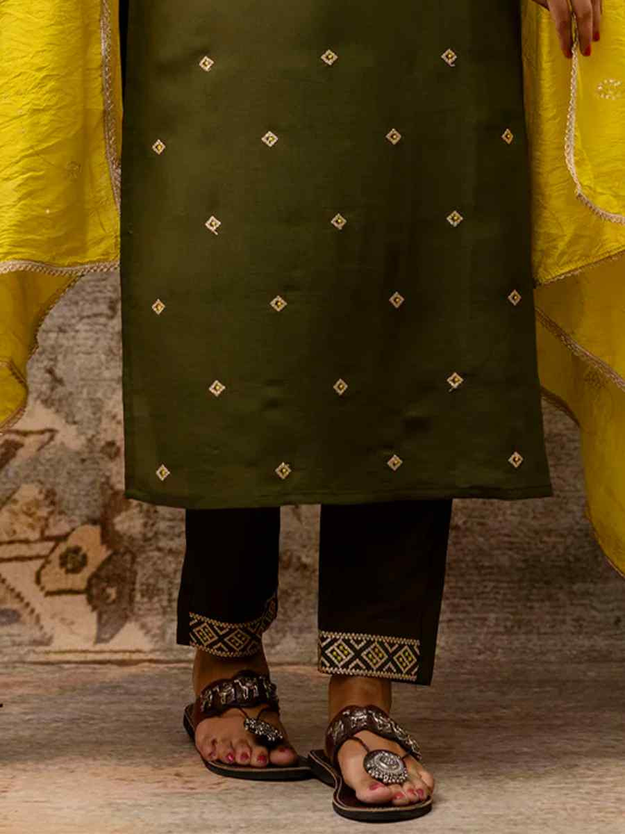 Olive Green Silk Blend Embroidered Mehendi Wedding Ready Pant Salwar Kameez
