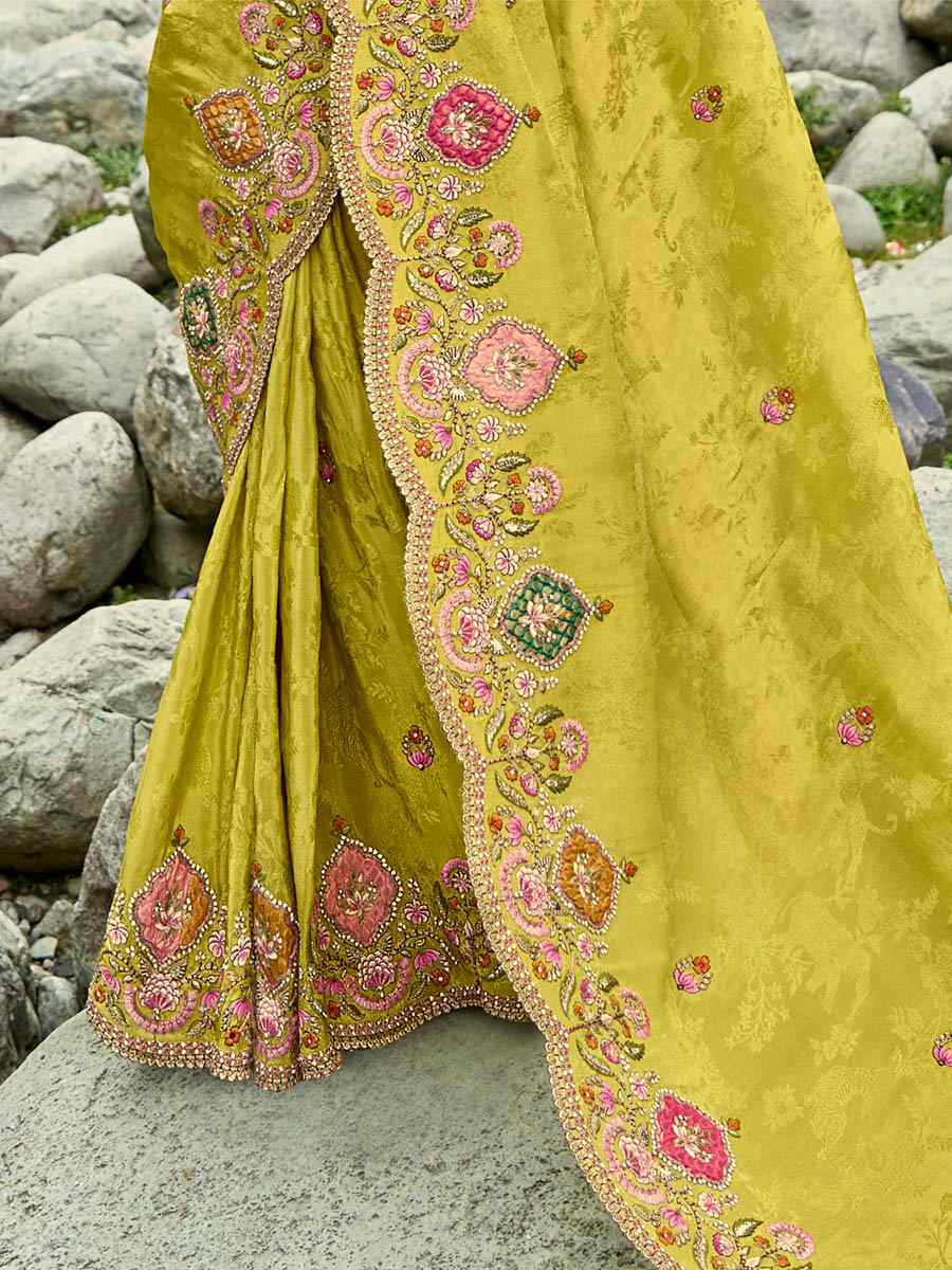 Olive Green Silk Embroidery Party Reception Heavy Border Saree