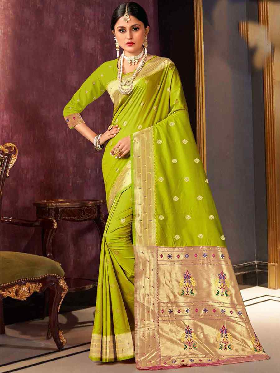 Olive Green Silk Handwoven Wedding Festival Heavy Border Saree