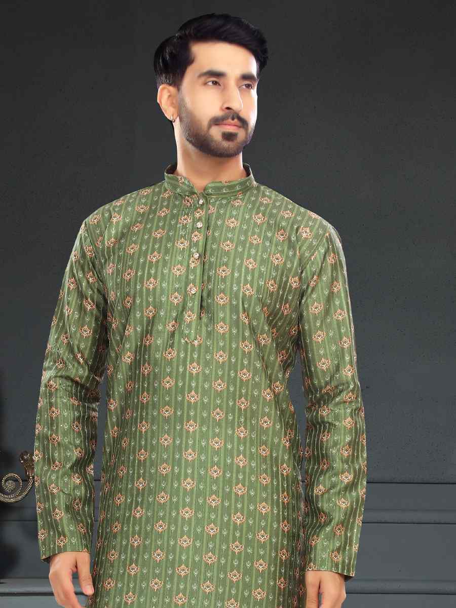 Olive Green Silk Printed Festival Party Kurta