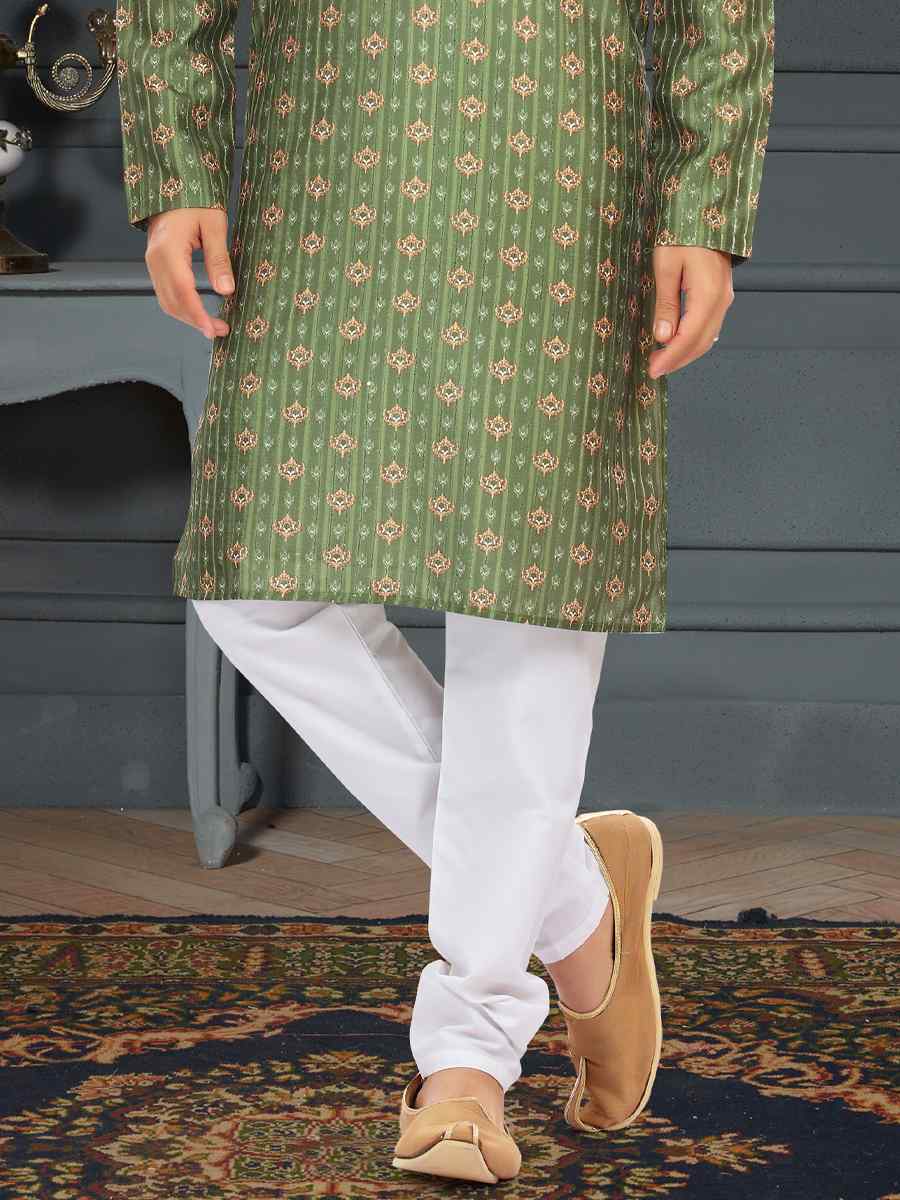 Olive Green Silk Printed Festival Party Kurta