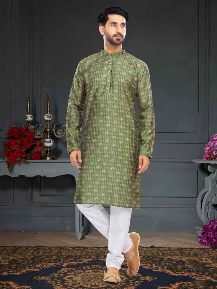 Olive Green Silk Printed Festival Party Kurta