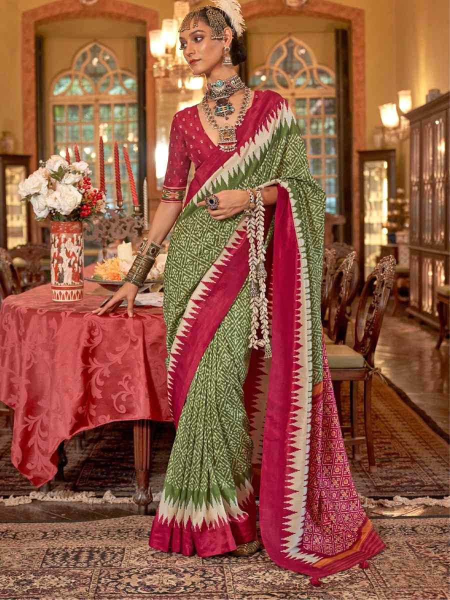 Olive Green Silk Printed Festival Wedding Fancy Heavy Border Saree