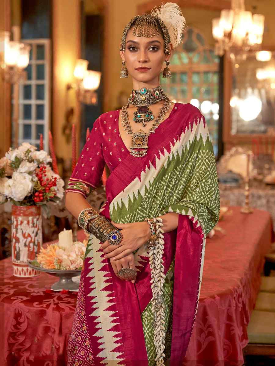 Olive Green Silk Printed Festival Wedding Fancy Heavy Border Saree