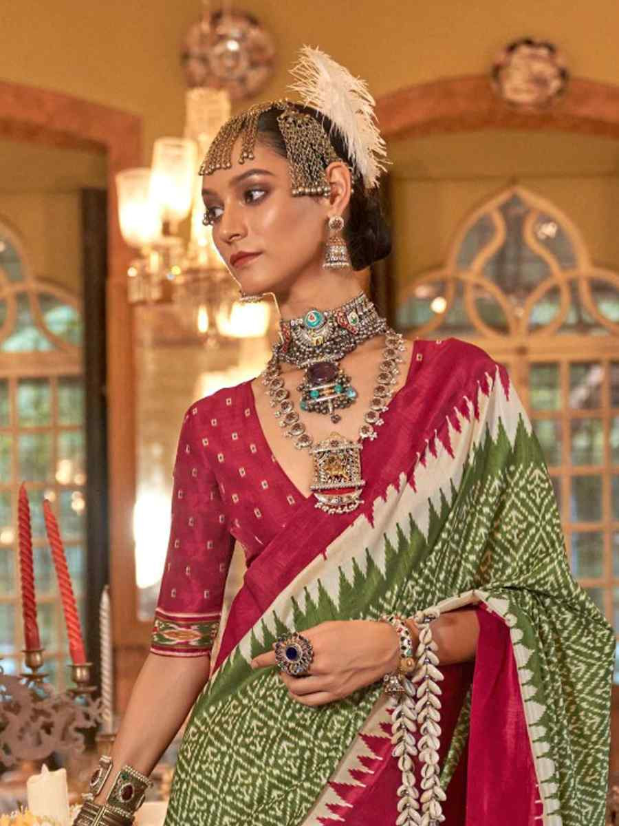 Olive Green Silk Printed Festival Wedding Fancy Heavy Border Saree