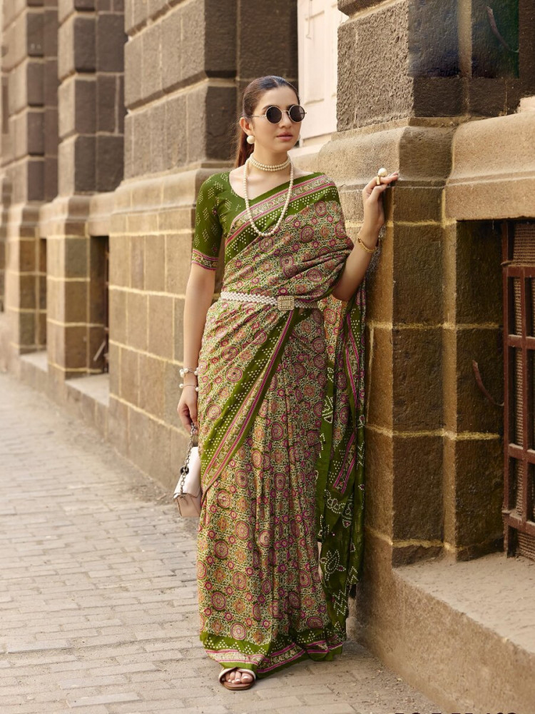 Image of Olive Green Silk Printed Wedding Reception Party Festival Casual Heavy Border Sarees