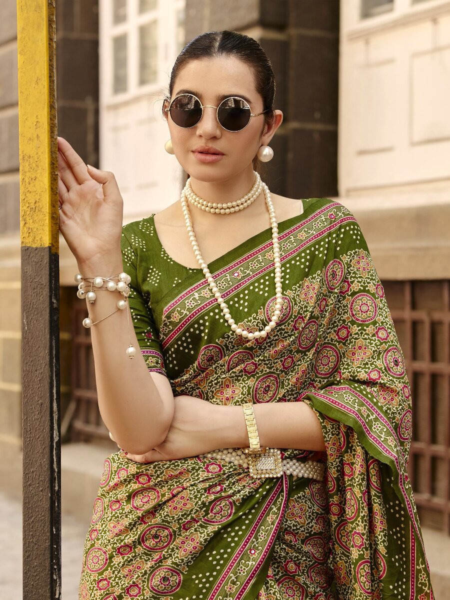 Olive Green Silk Printed Wedding Reception Party Festival Casual Heavy Border Sarees