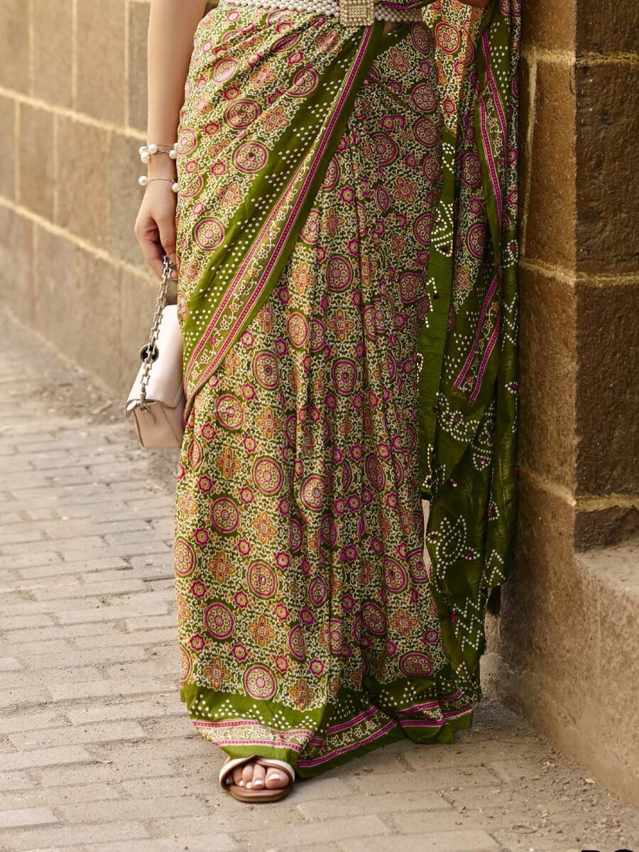 Olive Green Silk Printed Wedding Reception Party Festival Casual Heavy Border Sarees