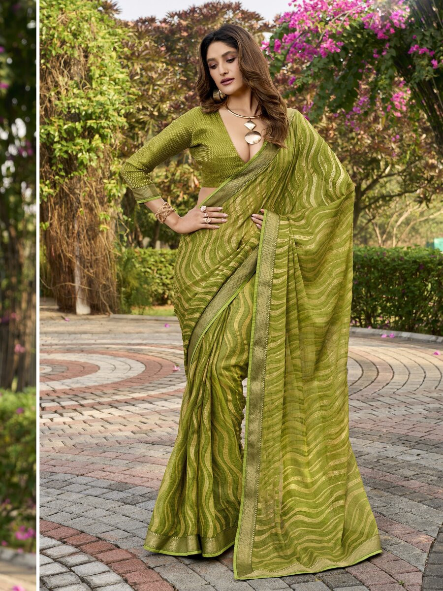 Olive Green Silk Printed Wedding Reception Party Festival Casual Heavy Border Sarees