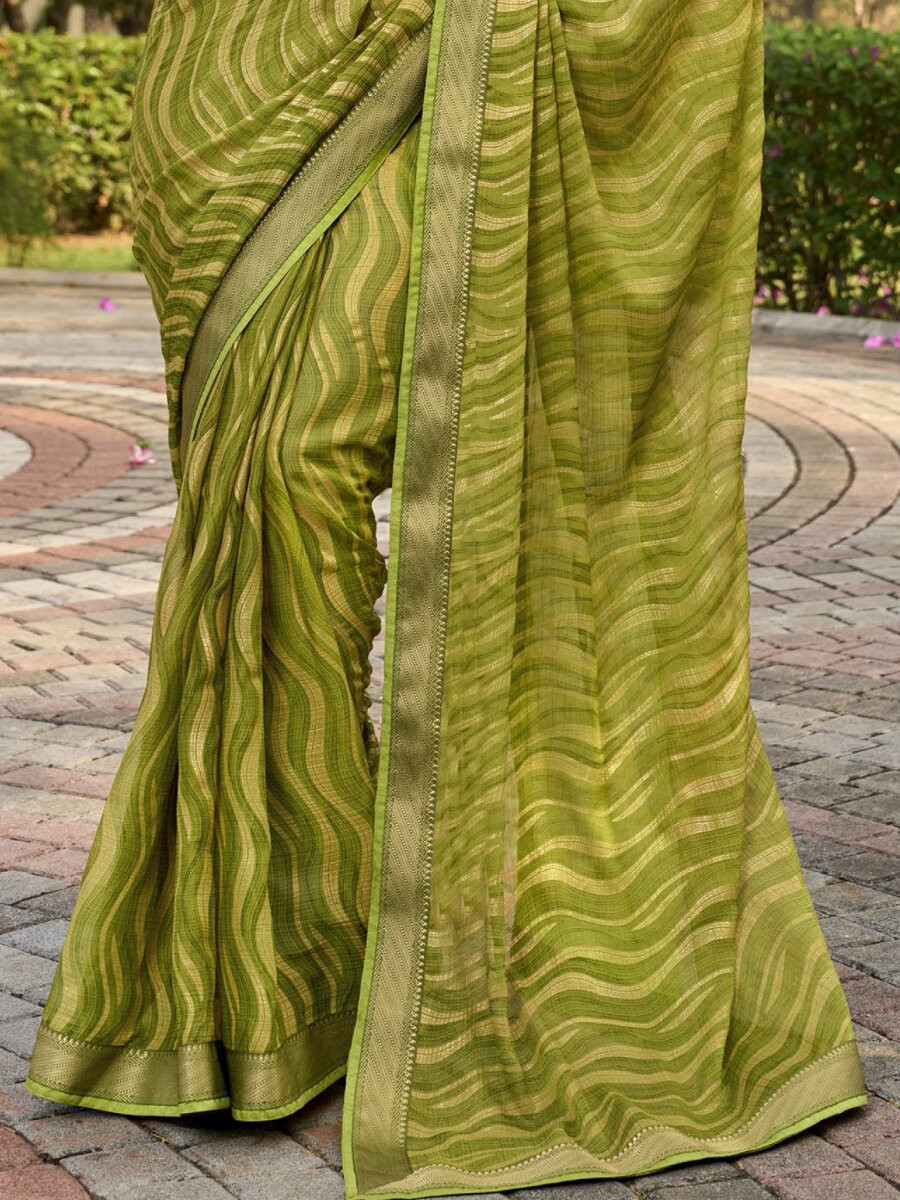 Olive Green Silk Printed Wedding Reception Party Festival Casual Heavy Border Sarees