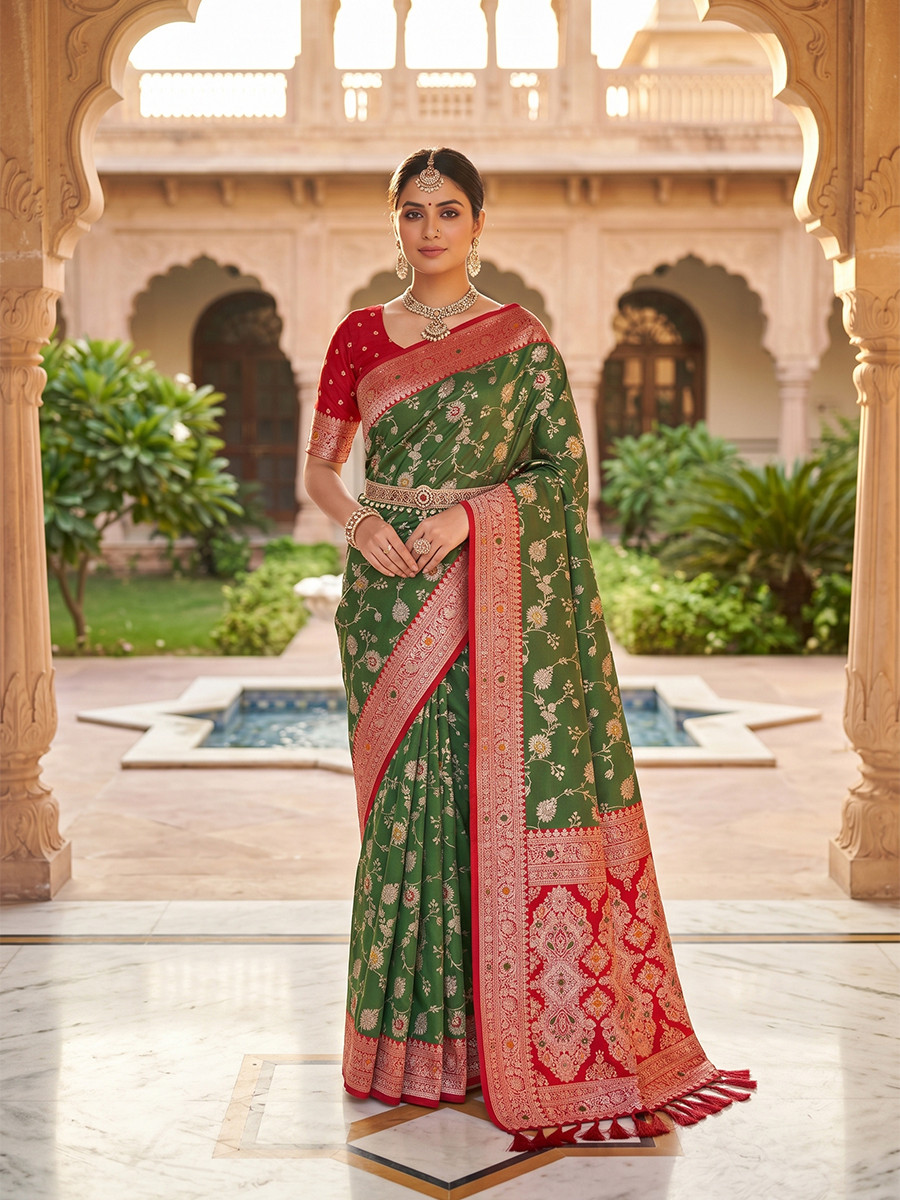 Olive Green Soft Banarasi Silk Zari Weaving Meenakari Touchup Wedding Reception Party Festival Casual Heavy Border Sarees
