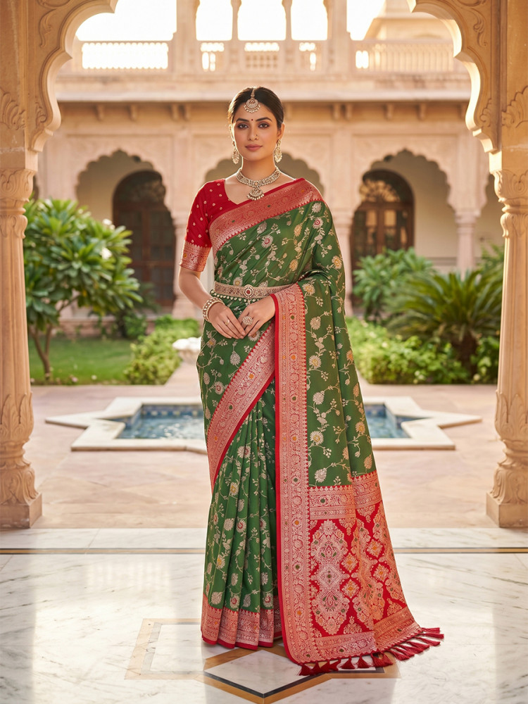 Image of Olive Green Soft Banarasi Silk Zari Weaving Meenakari Touchup Wedding Reception Party Festival Casual Heavy Border Sarees