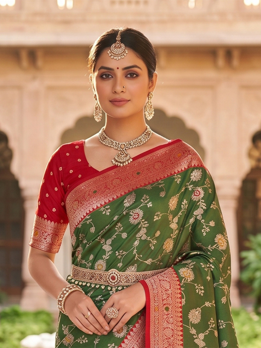 Olive Green Soft Banarasi Silk Zari Weaving Meenakari Touchup Wedding Reception Party Festival Casual Heavy Border Sarees
