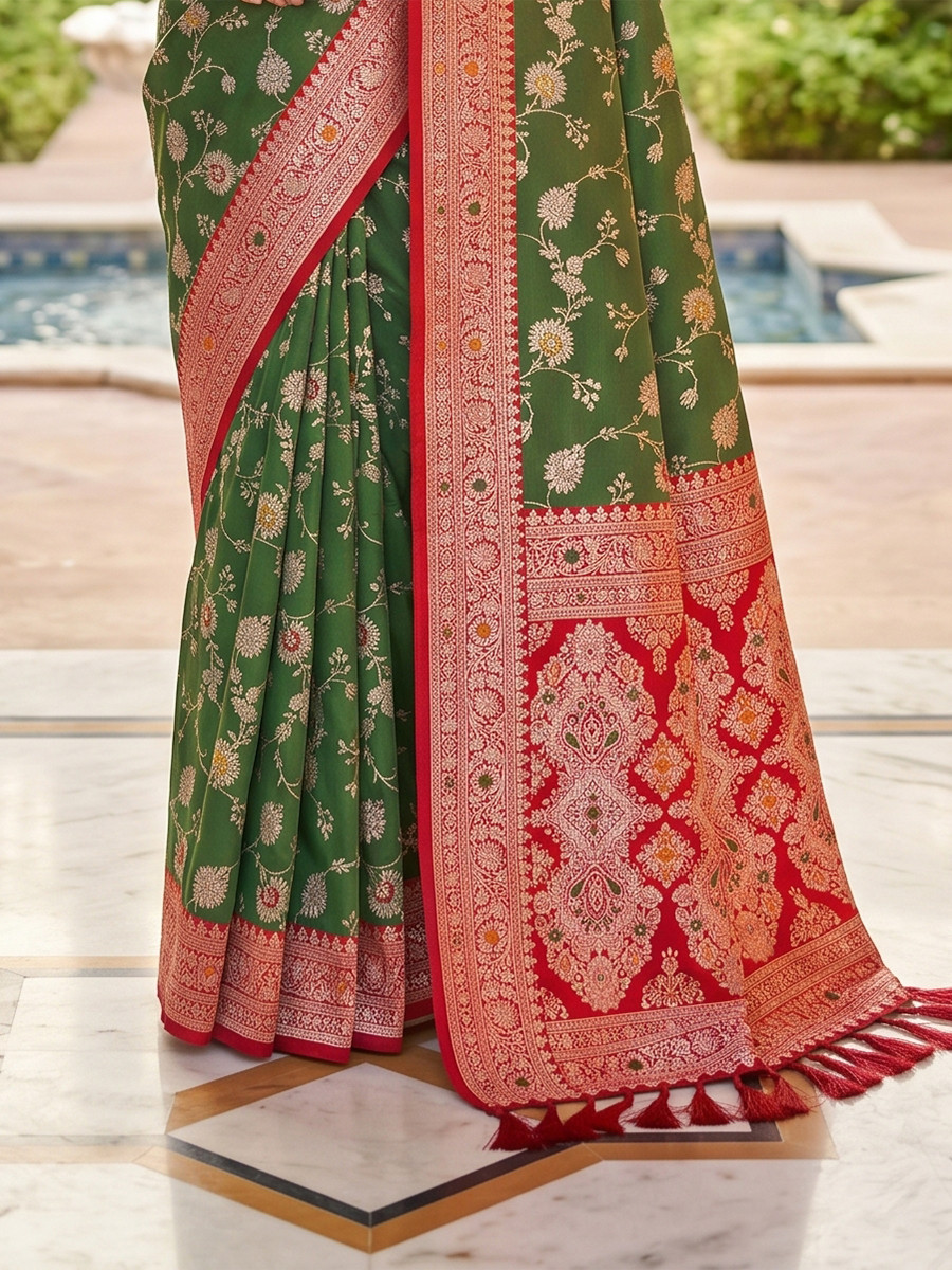 Olive Green Soft Banarasi Silk Zari Weaving Meenakari Touchup Wedding Reception Party Festival Casual Heavy Border Sarees