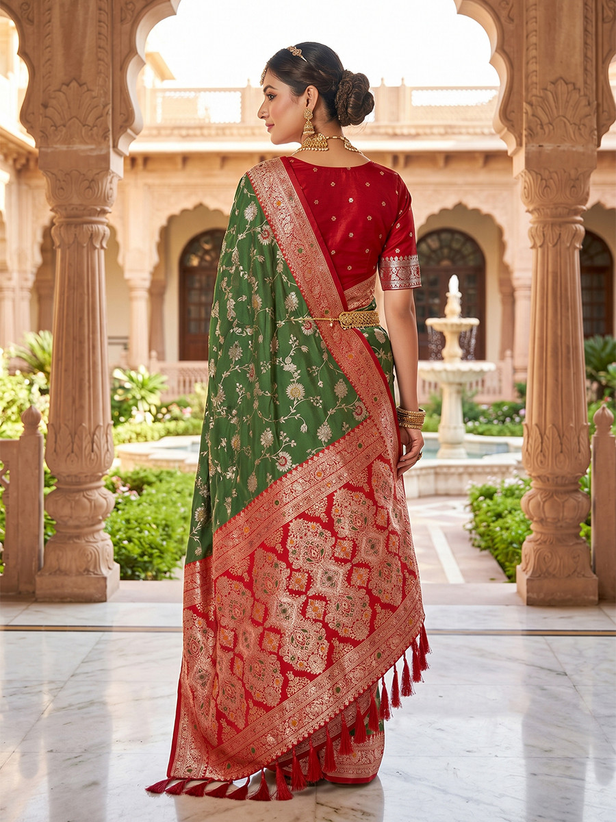 Olive Green Soft Banarasi Silk Zari Weaving Meenakari Touchup Wedding Reception Party Festival Casual Heavy Border Sarees