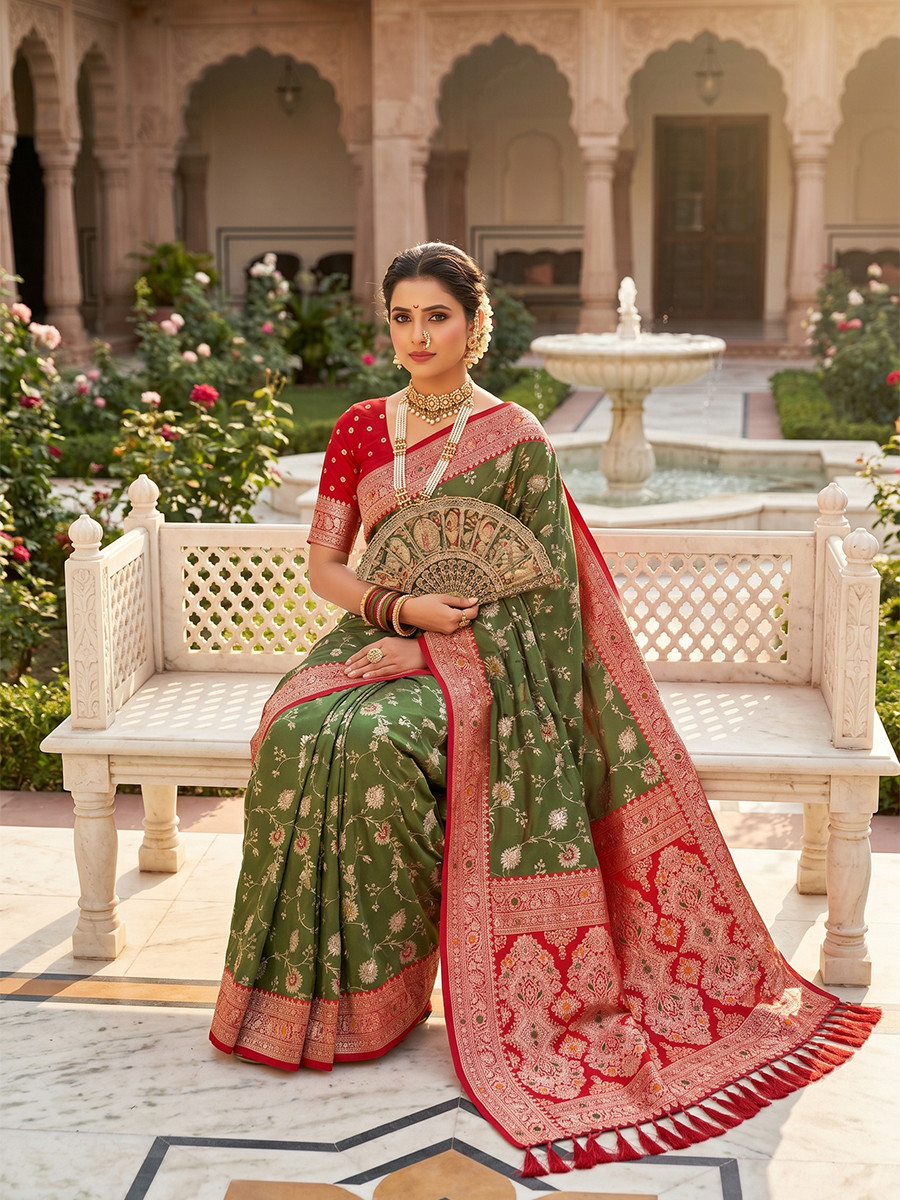 Olive Green Soft Banarasi Silk Zari Weaving Meenakari Touchup Wedding Reception Party Festival Casual Heavy Border Sarees