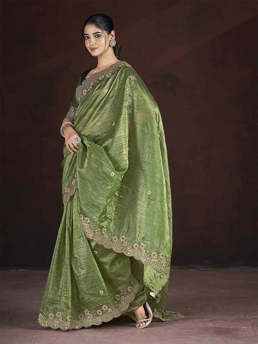 Olive Green Soft Gold Crush Embroidered Festival Wedding Fancy Heavy Border Saree