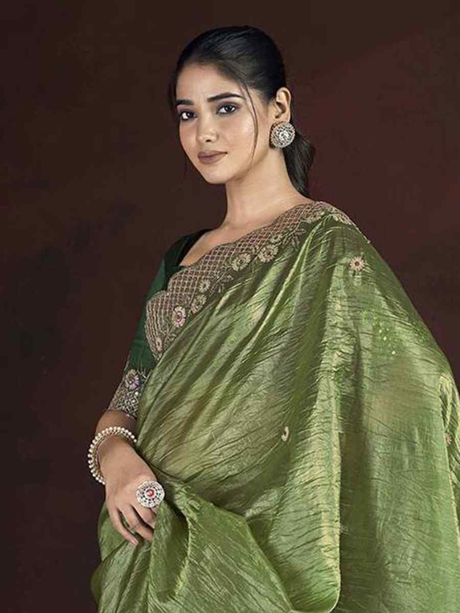 Olive Green Soft Gold Crush Embroidered Festival Wedding Fancy Heavy Border Saree