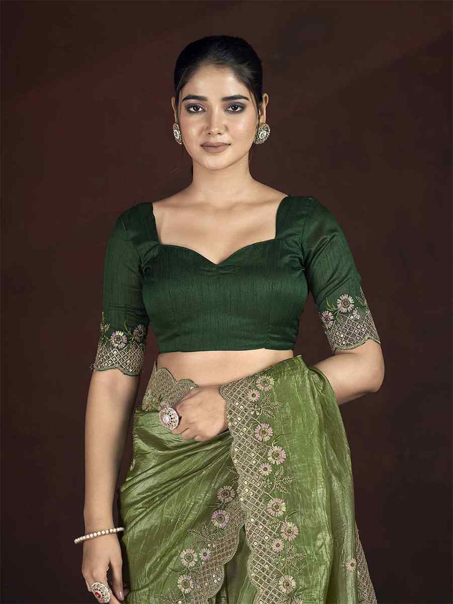 Olive Green Soft Gold Crush Embroidered Festival Wedding Fancy Heavy Border Saree