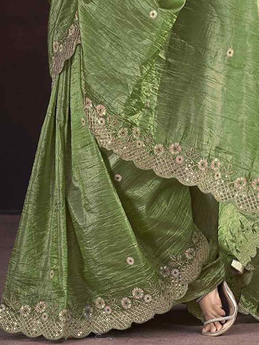 Olive Green Soft Gold Crush Embroidered Festival Wedding Fancy Heavy Border Saree