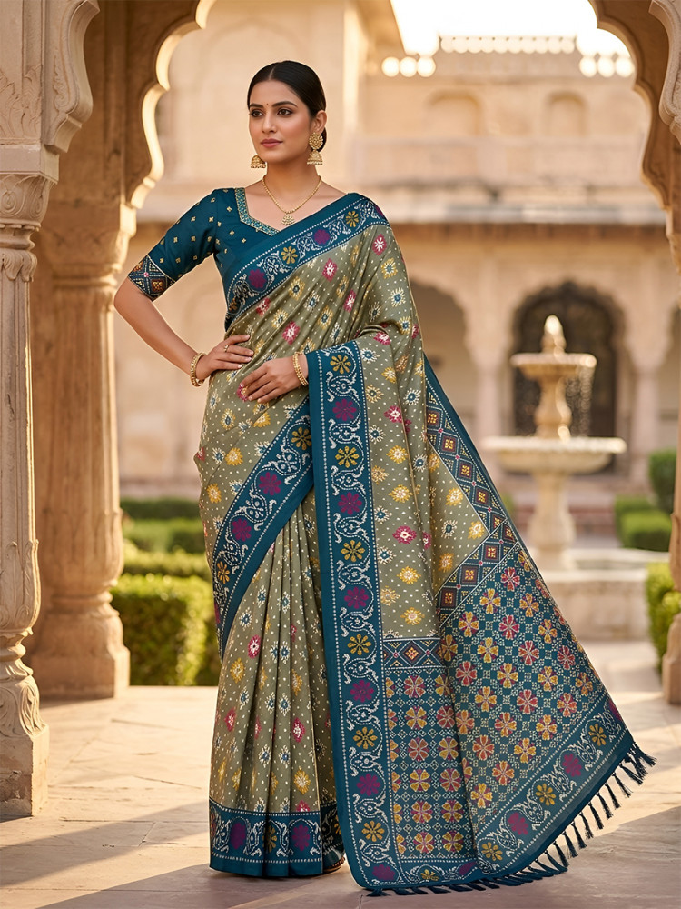 Image of Olive Green Soft Silk Zari Weawing Meenakari Patola Design Wedding Reception Party Festival Casual Heavy Border Sarees