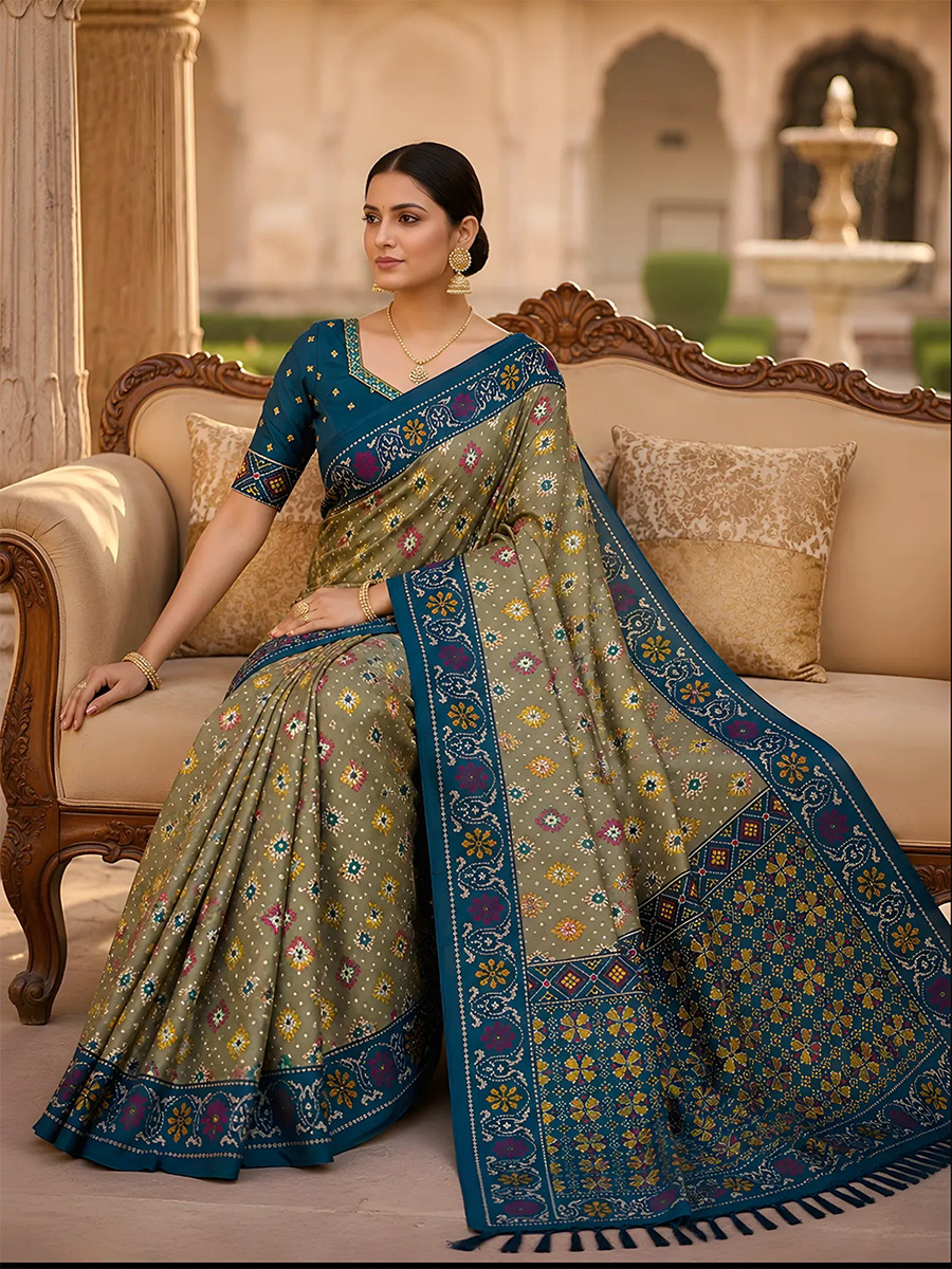 Olive Green Soft Silk Zari Weawing Meenakari Patola Design Wedding Reception Party Festival Casual Heavy Border Sarees