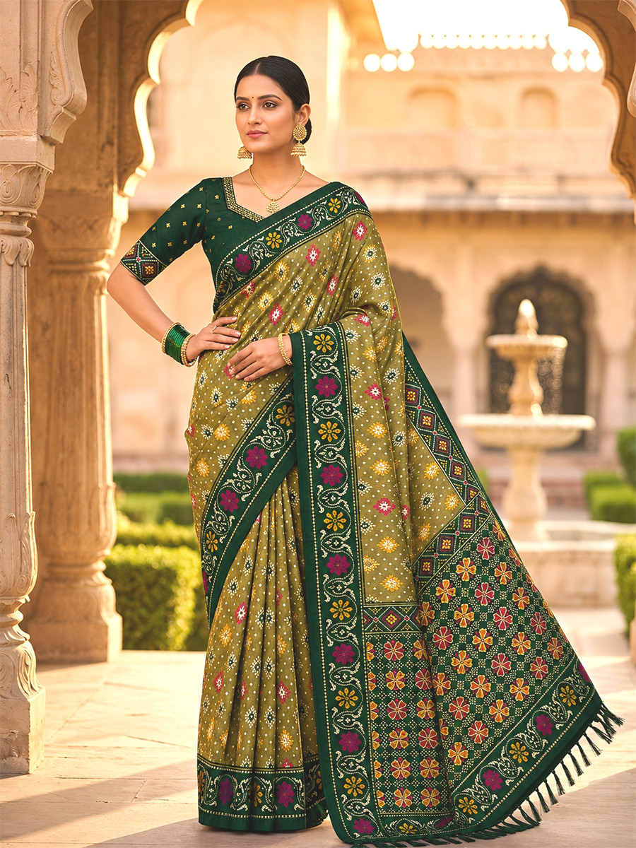 Olive Green Soft Silk Zari Weawing Meenakari Patola Design Wedding Reception Party Festival Casual Heavy Border Sarees