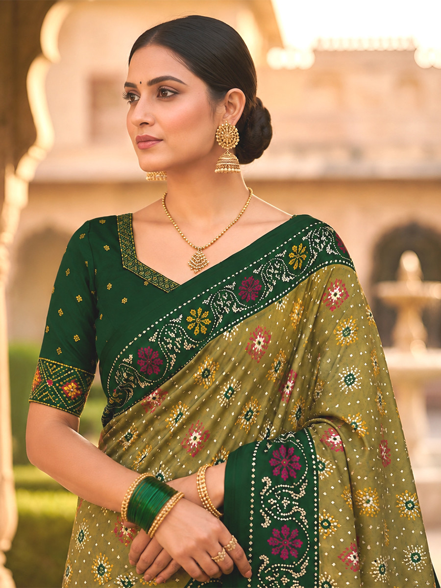 Olive Green Soft Silk Zari Weawing Meenakari Patola Design Wedding Reception Party Festival Casual Heavy Border Sarees