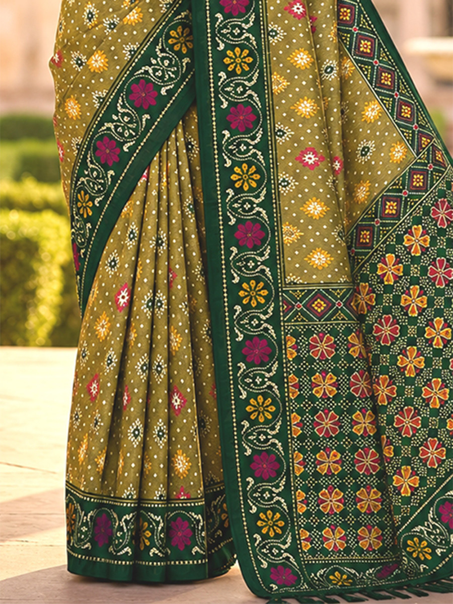 Olive Green Soft Silk Zari Weawing Meenakari Patola Design Wedding Reception Party Festival Casual Heavy Border Sarees