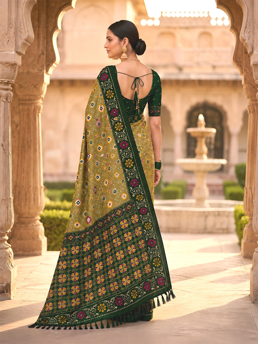 Olive Green Soft Silk Zari Weawing Meenakari Patola Design Wedding Reception Party Festival Casual Heavy Border Sarees