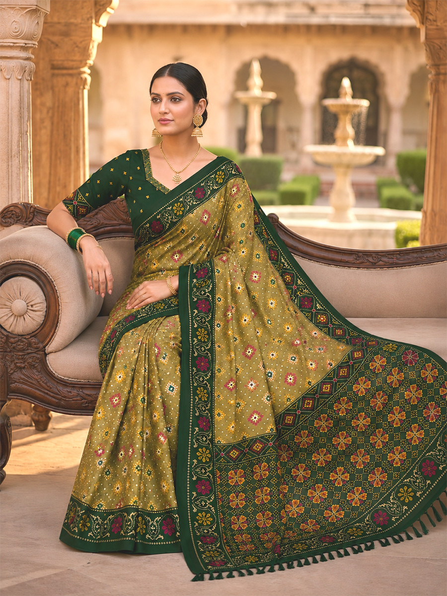 Olive Green Soft Silk Zari Weawing Meenakari Patola Design Wedding Reception Party Festival Casual Heavy Border Sarees