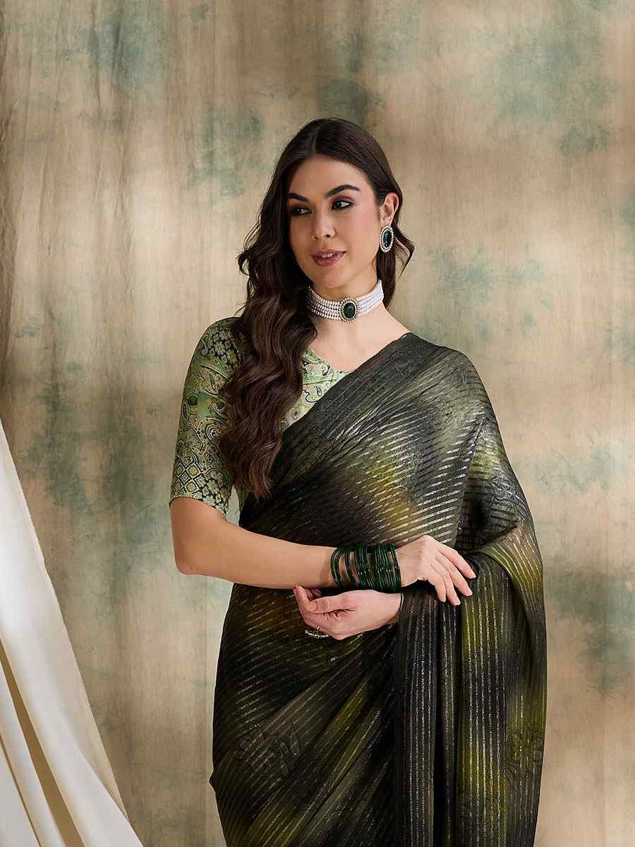Olive Green Sparkle Lining Silk Printed Casual Reception Festival Wedding Fancy Classic Style Sarees