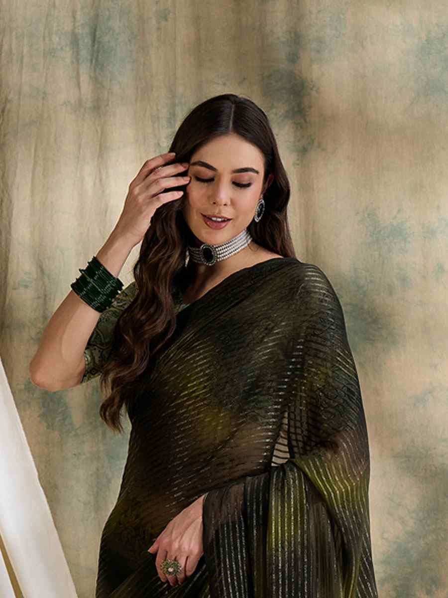 Olive Green Sparkle Lining Silk Printed Casual Reception Festival Wedding Fancy Classic Style Sarees
