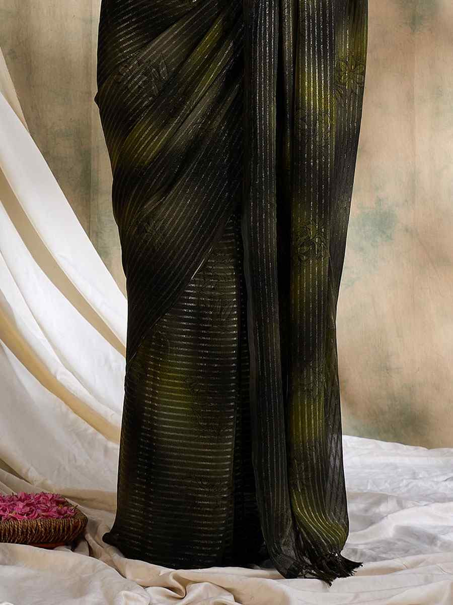 Olive Green Sparkle Lining Silk Printed Casual Reception Festival Wedding Fancy Classic Style Sarees